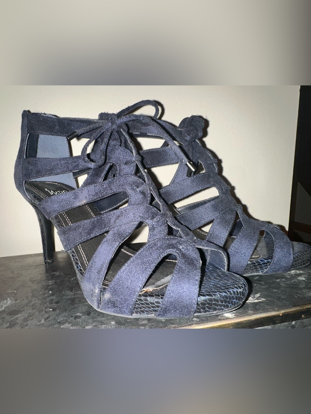 Impo navy suede gladiator cage lace up back zipper high heel 8.5
